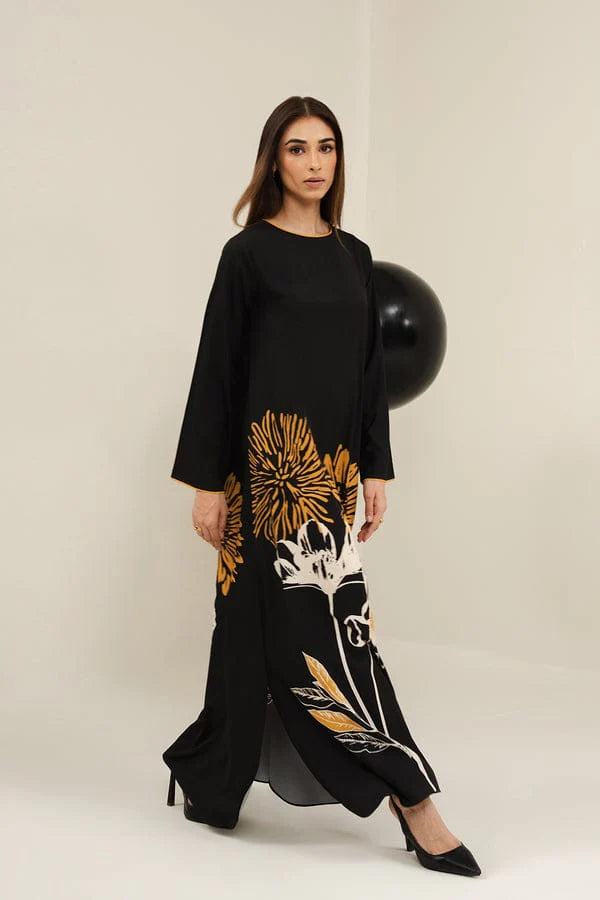 Black Sunflower Printed Long Dress 2PCS