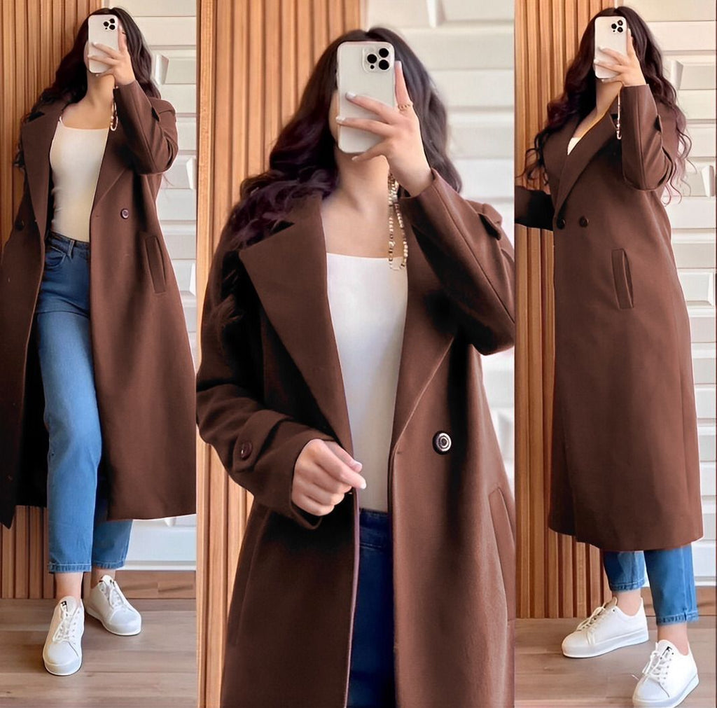 Women’s Double Fleece Long Coat One Button Winter Jacket with Collar, Elegant Fashion