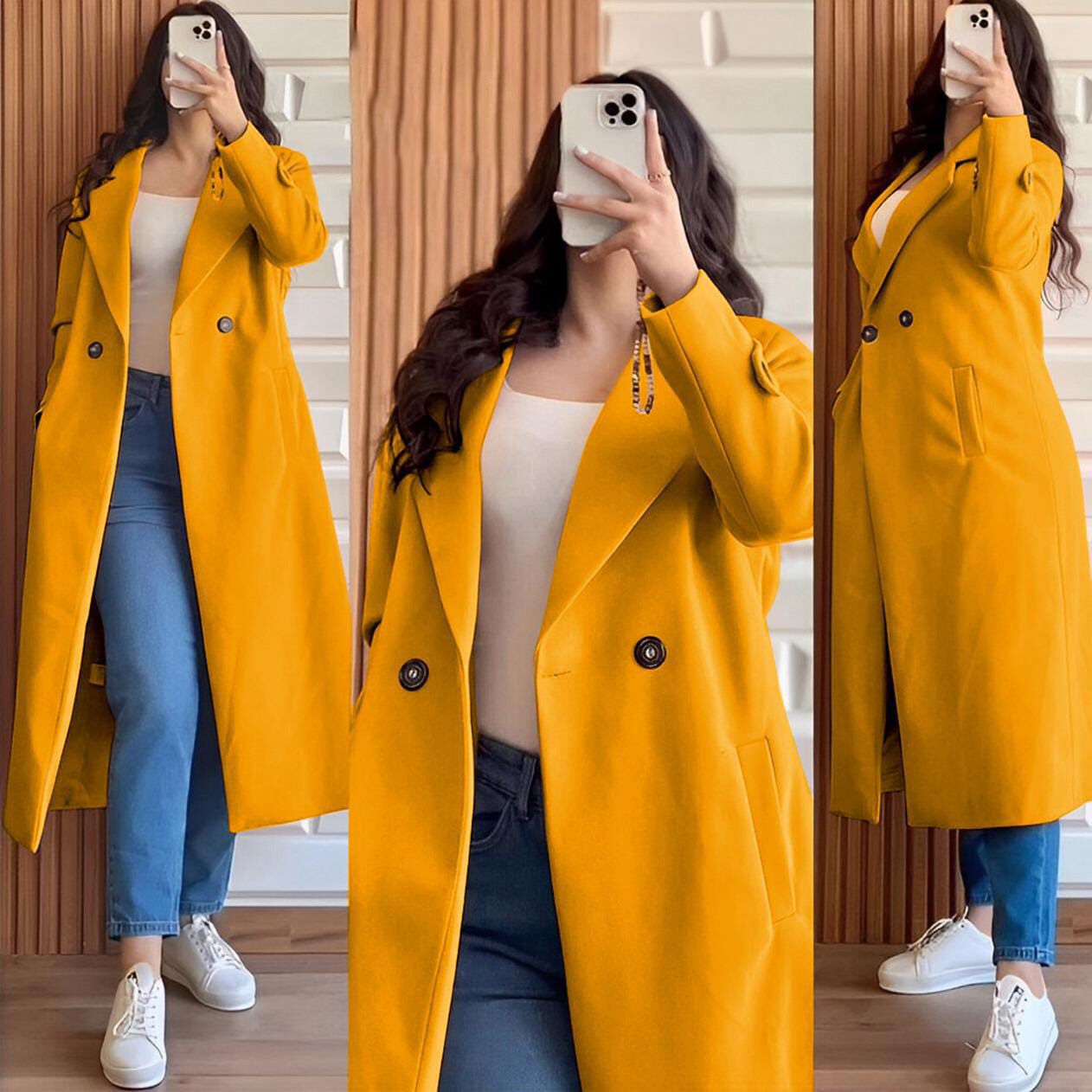 Women’s Double Fleece Long Coat One Button Winter Jacket with Collar, Elegant Fashion