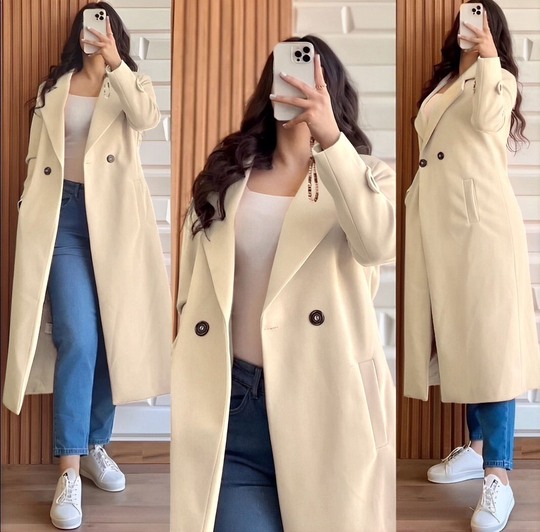 Women’s Double Fleece Long Coat One Button Winter Jacket with Collar, Elegant Fashion