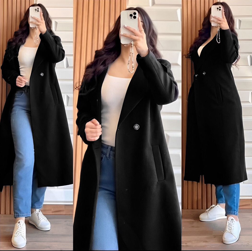 Women’s Double Fleece Long Coat One Button Winter Jacket with Collar, Elegant Fashion