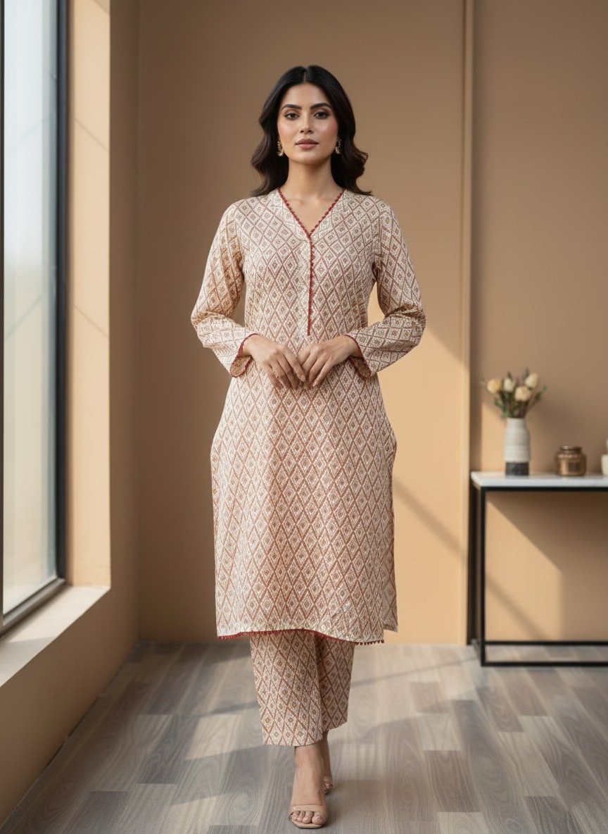 beige or cream kurta with trouser set ( 2pcs )