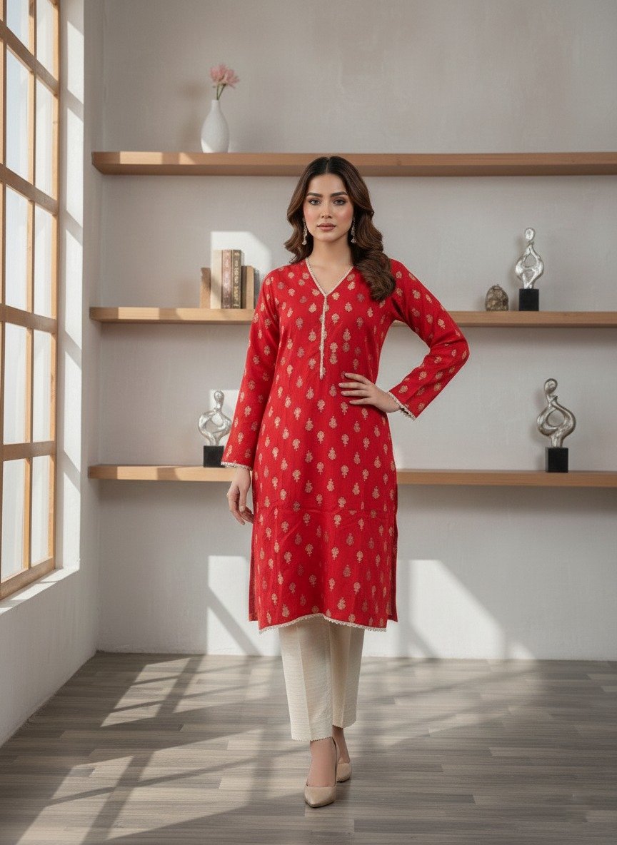 Ready-to-Wear Red Gold-Printed Kurta Set ( 2pcs )