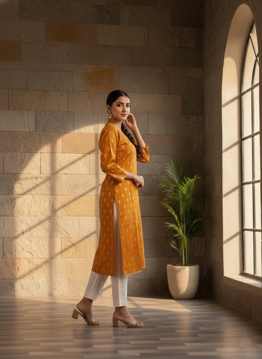 Mustard printed kurta paired with white trousers