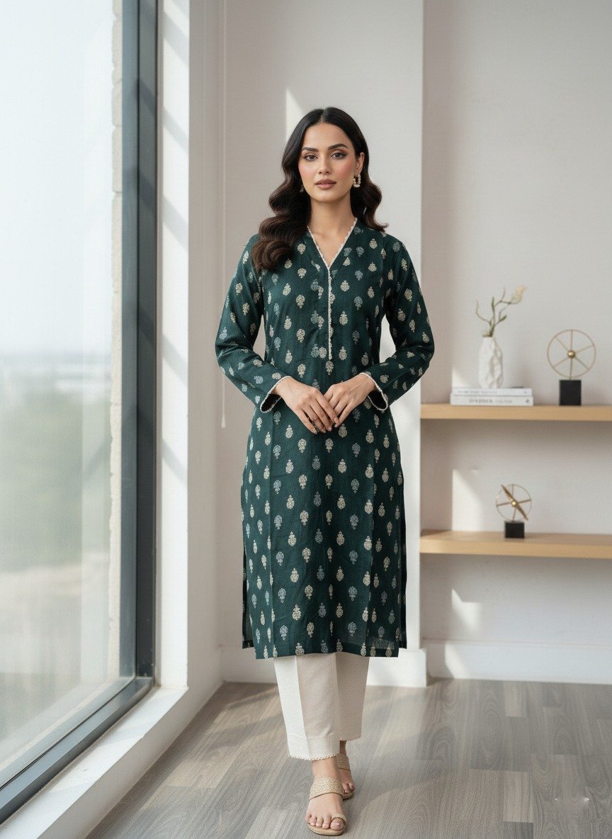 Dark green printed kurta with white trouser ( 2pcs )