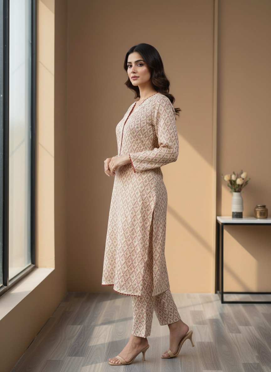 beige or cream kurta with trouser set ( 2pcs )