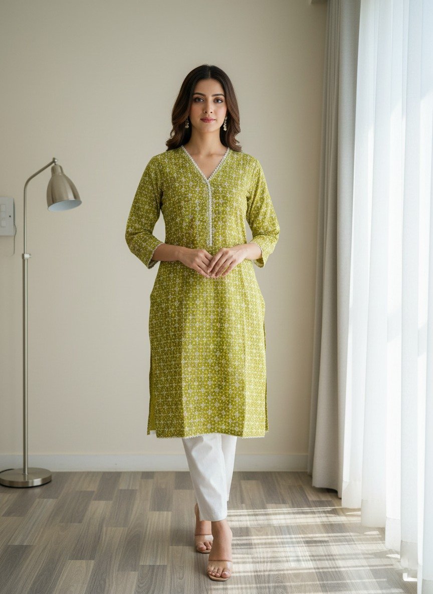 Pure Cambric Mehndi green kurta & trouser set ( 2pcs )