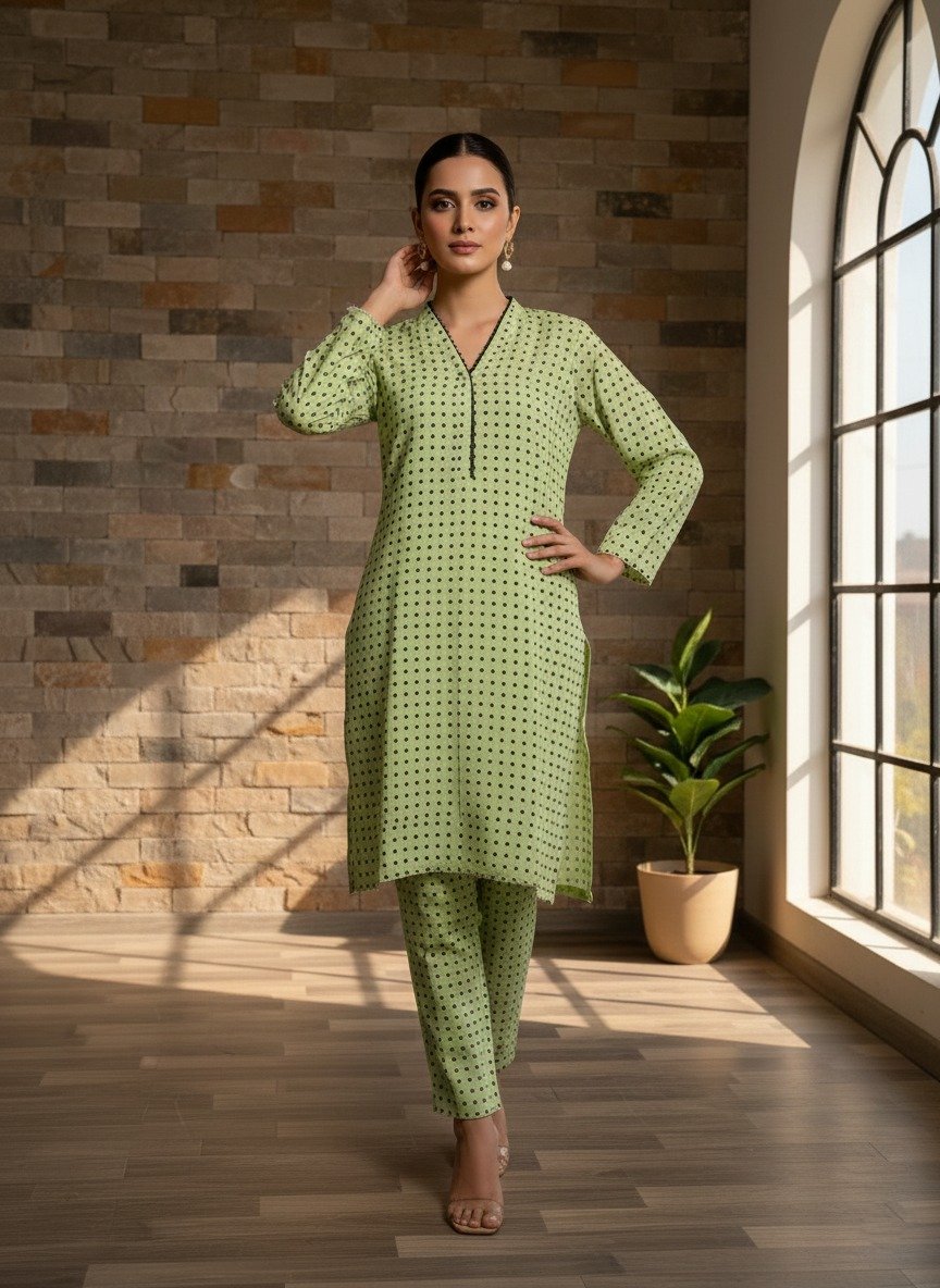 light green polka dot kurti and trouser set (2pcs )