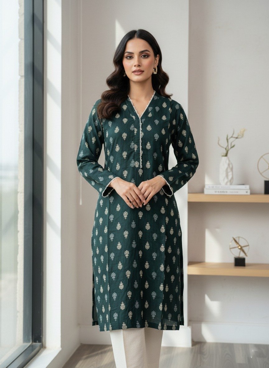 Dark green printed kurta with white trouser ( 2pcs )