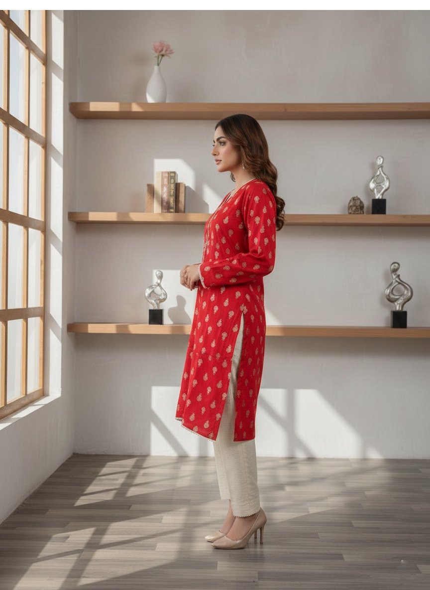 Ready-to-Wear Red Gold-Printed Kurta Set ( 2pcs )