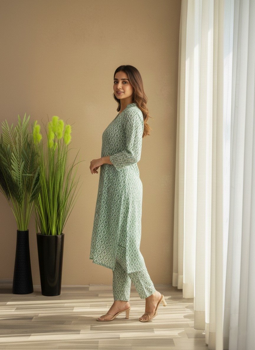 Women's green printed kurta and trouser set  ( 2pcs )