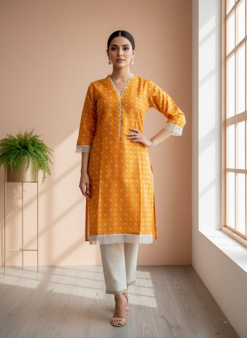 Mustard yellow kurta and white trousers set ( 2pcs )
