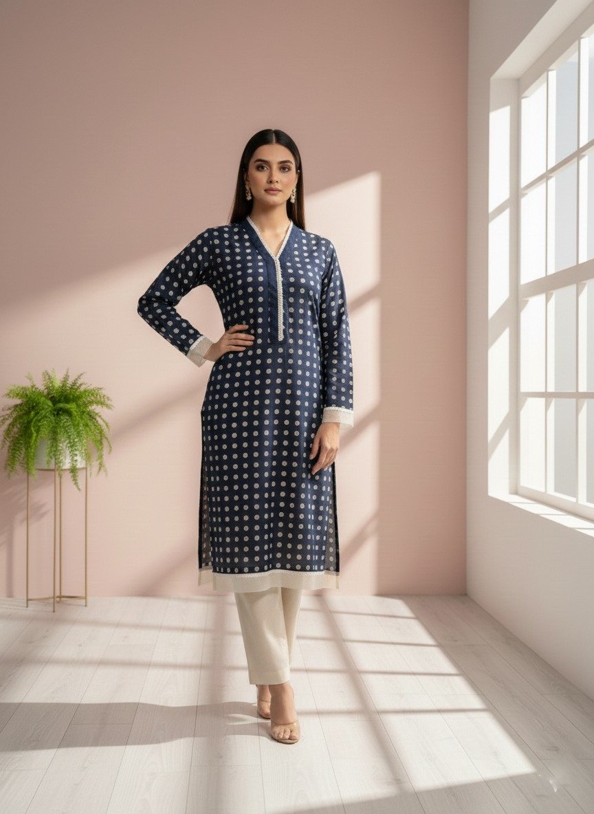 navy blue printed kurta off-white trousers ( 2pcs )