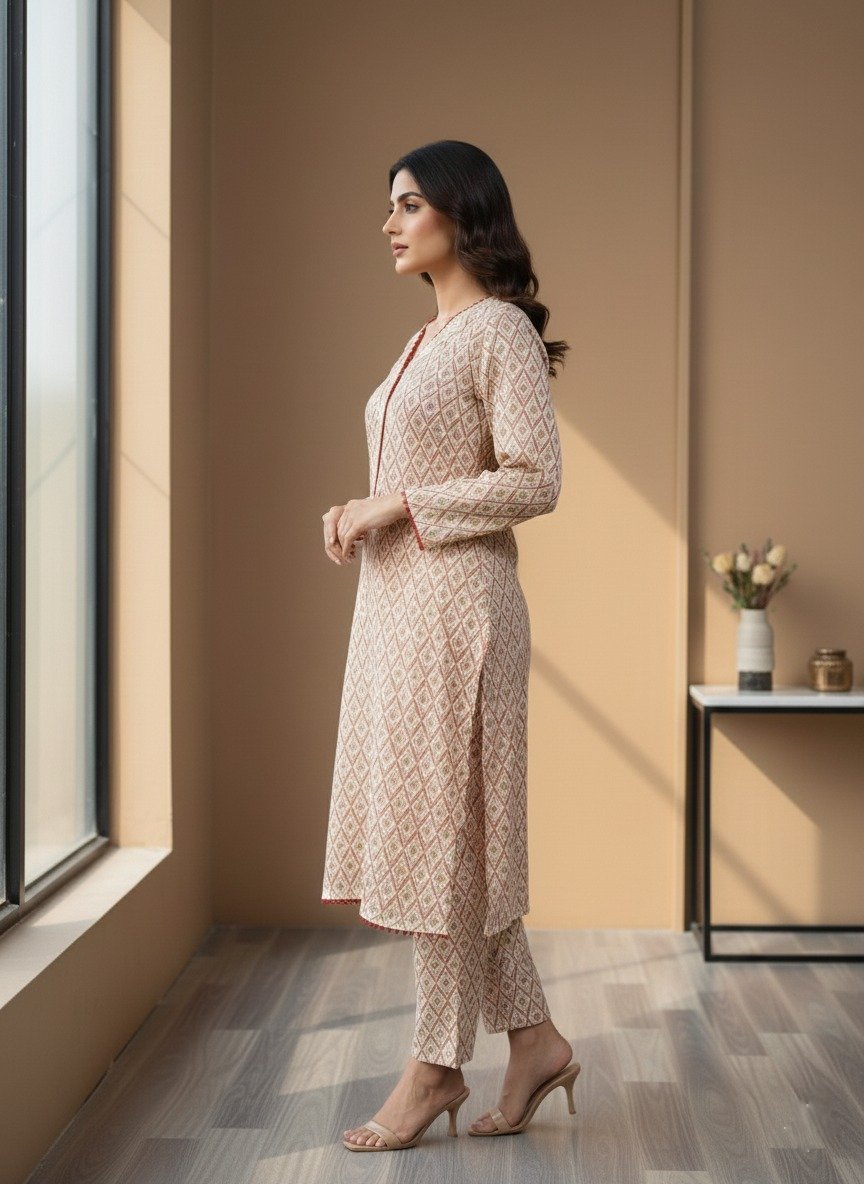 beige or cream kurta with trouser set ( 2pcs )