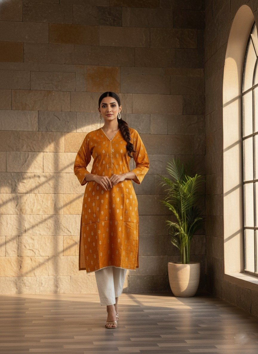 Mustard printed kurta paired with white trousers
