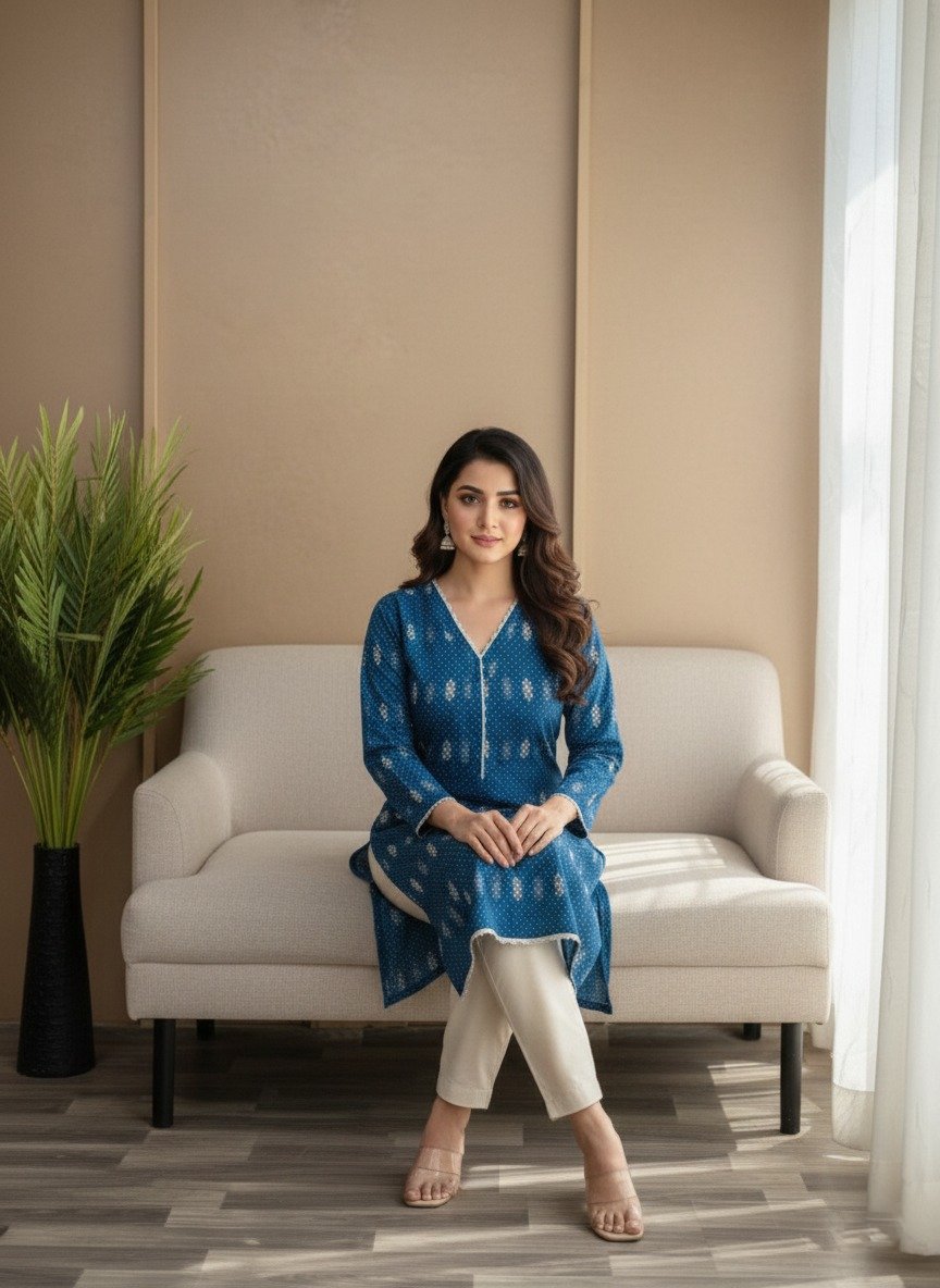 blue printed kurta with white trousers ( 2pcs )