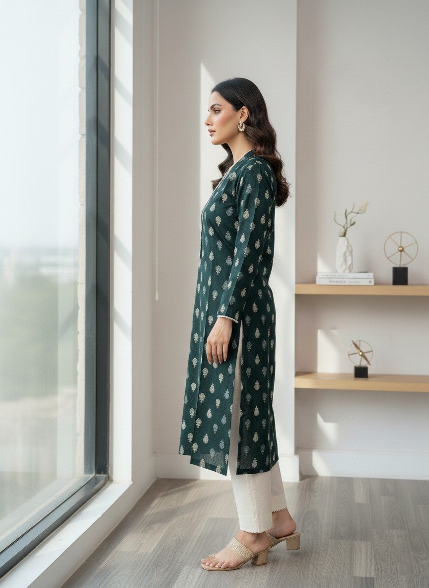 Dark green printed kurta with white trouser ( 2pcs )