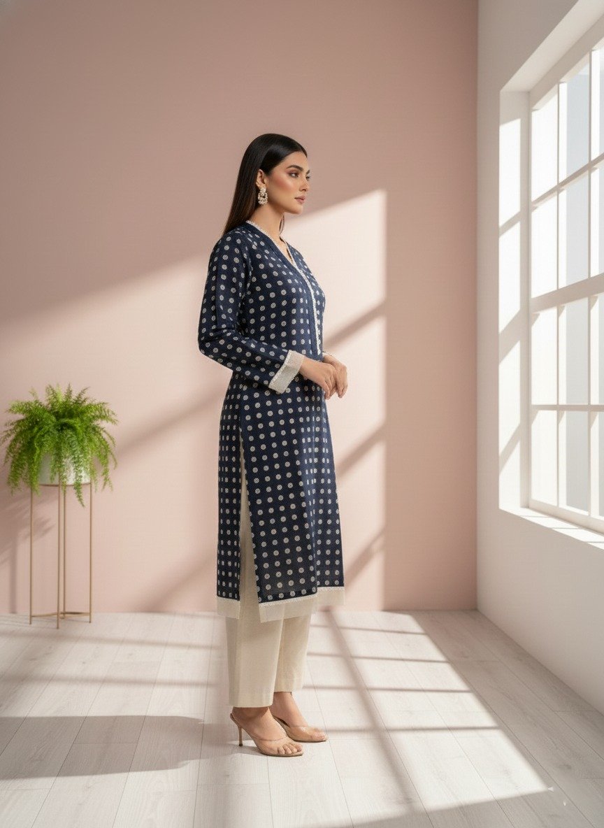 navy blue printed kurta off-white trousers ( 2pcs )