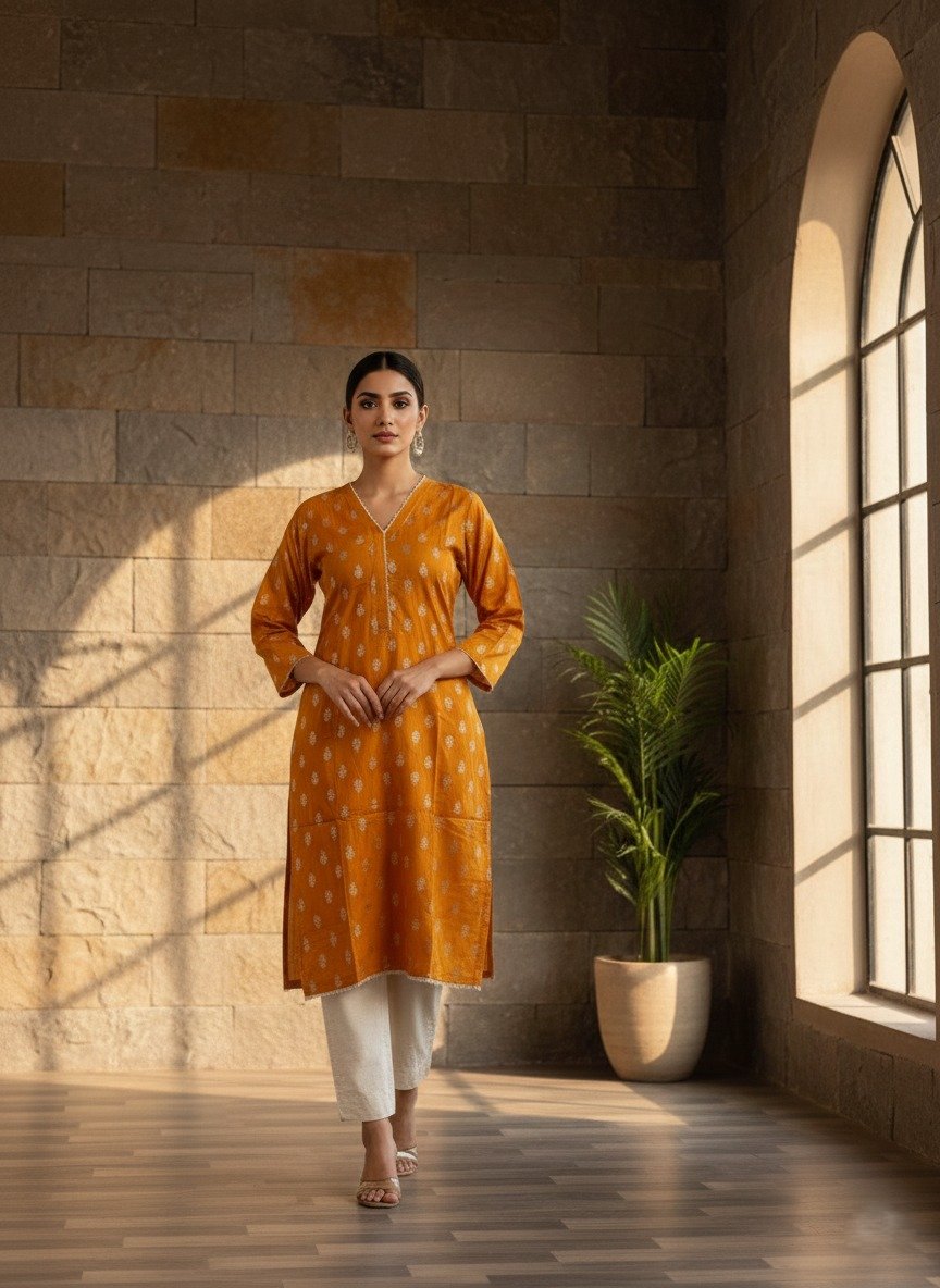 Mustard printed kurta paired with white trousers