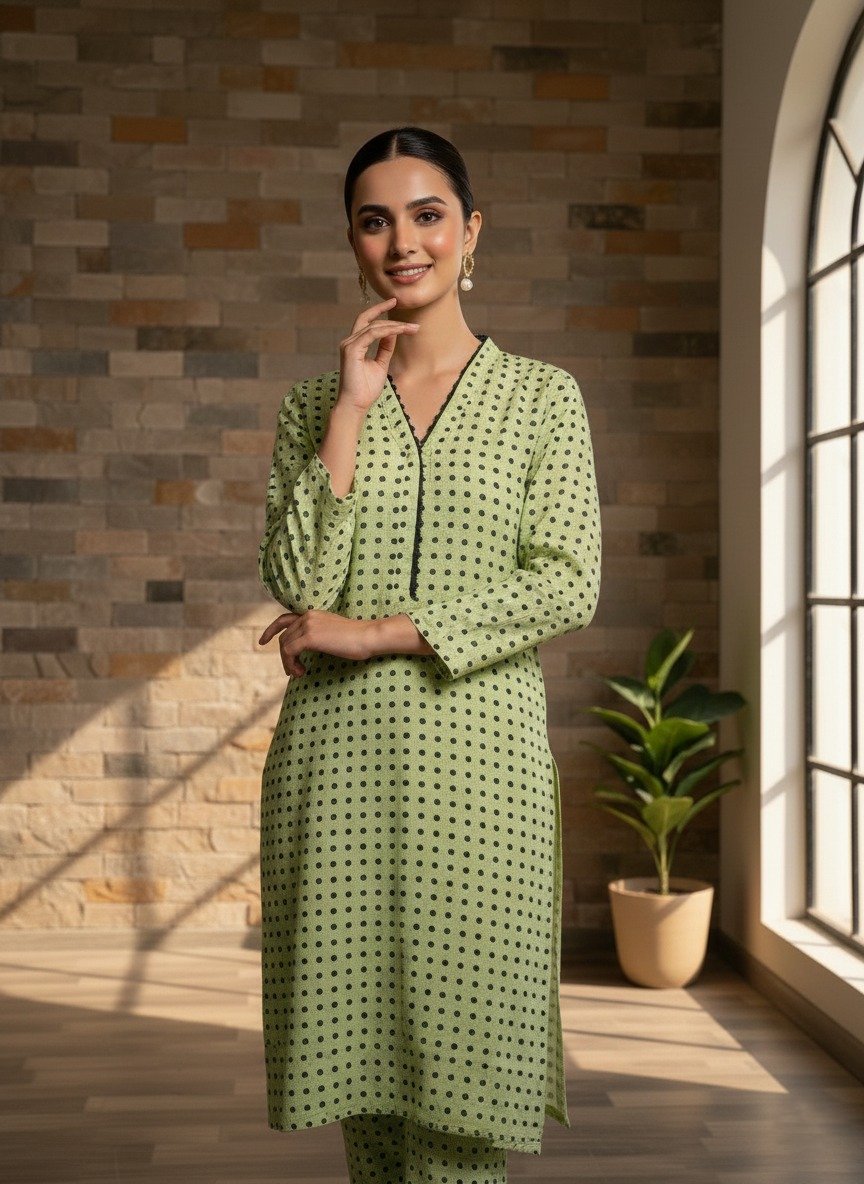 light green polka dot kurti and trouser set (2pcs )