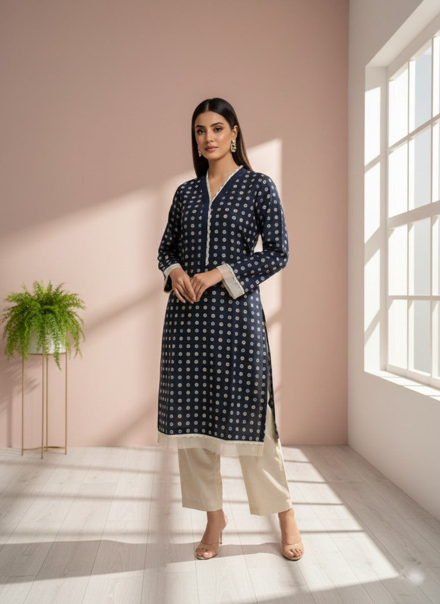 navy blue printed kurta off-white trousers ( 2pcs )