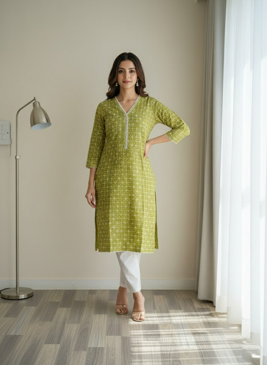 Pure Cambric Mehndi green kurta & trouser set ( 2pcs )