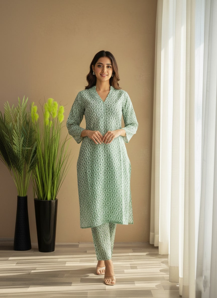 Women's green printed kurta and trouser set  ( 2pcs )