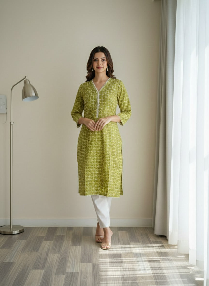 Pure Cambric Mehndi green kurta & trouser set ( 2pcs )