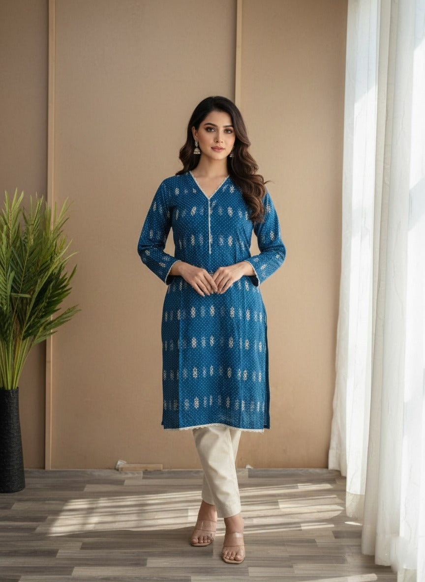 blue printed kurta with white trousers ( 2pcs )