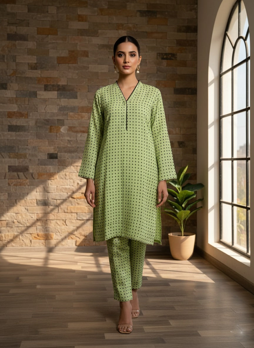 light green polka dot kurti and trouser set (2pcs )