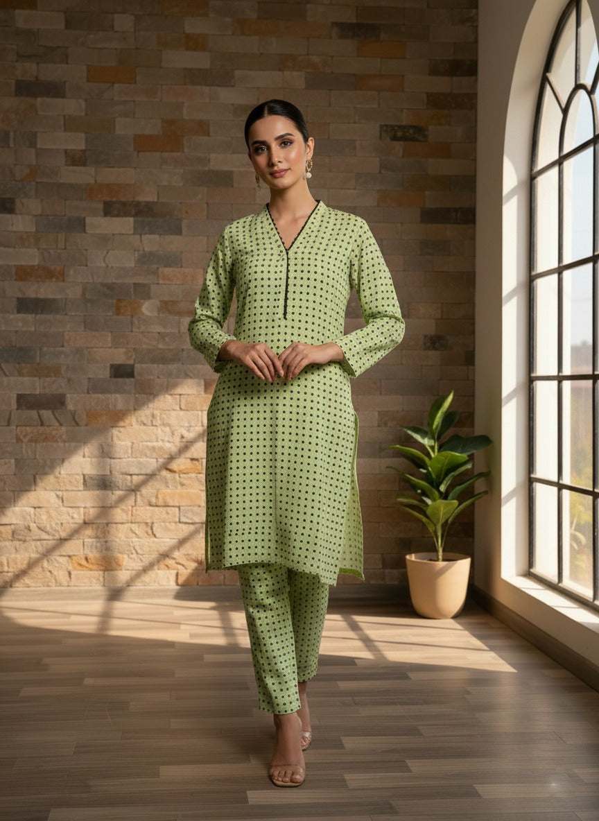 light green polka dot kurti and trouser set (2pcs )