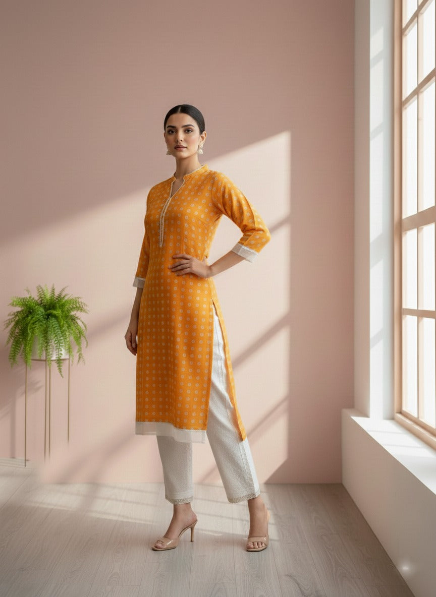 Mustard yellow kurta and white trousers set ( 2pcs )