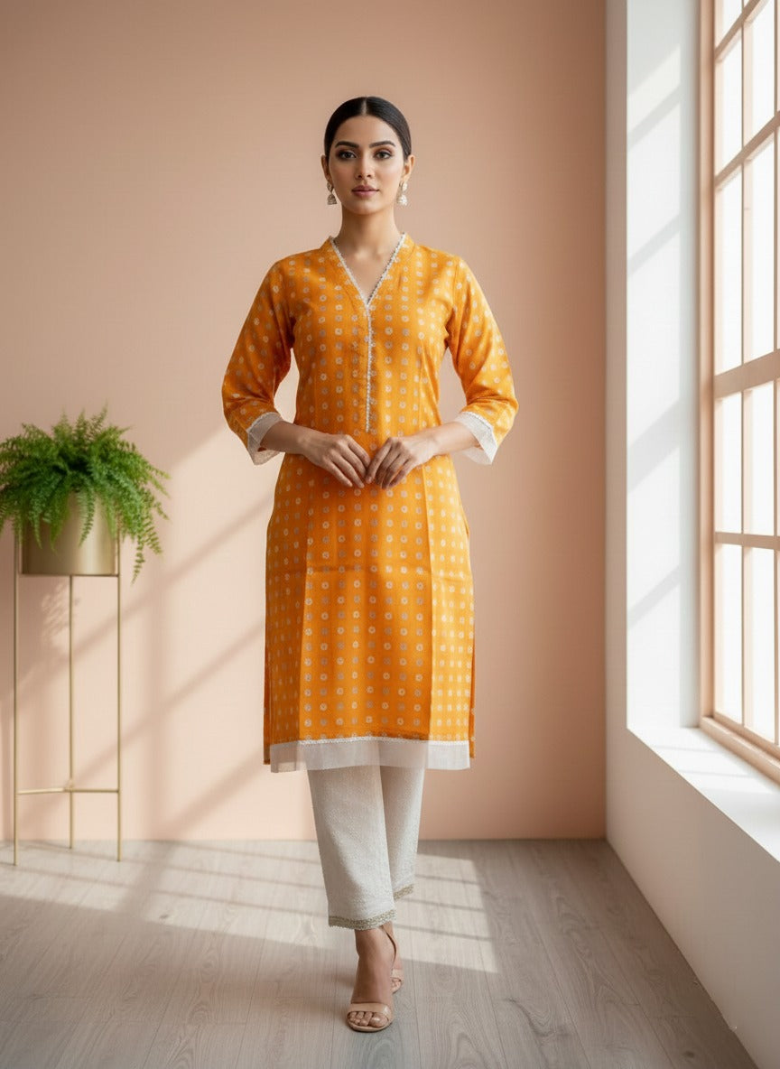 Mustard yellow kurta and white trousers set ( 2pcs )