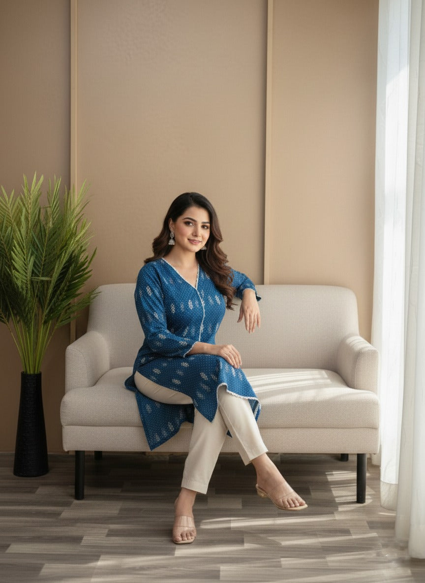 blue printed kurta with white trousers ( 2pcs )