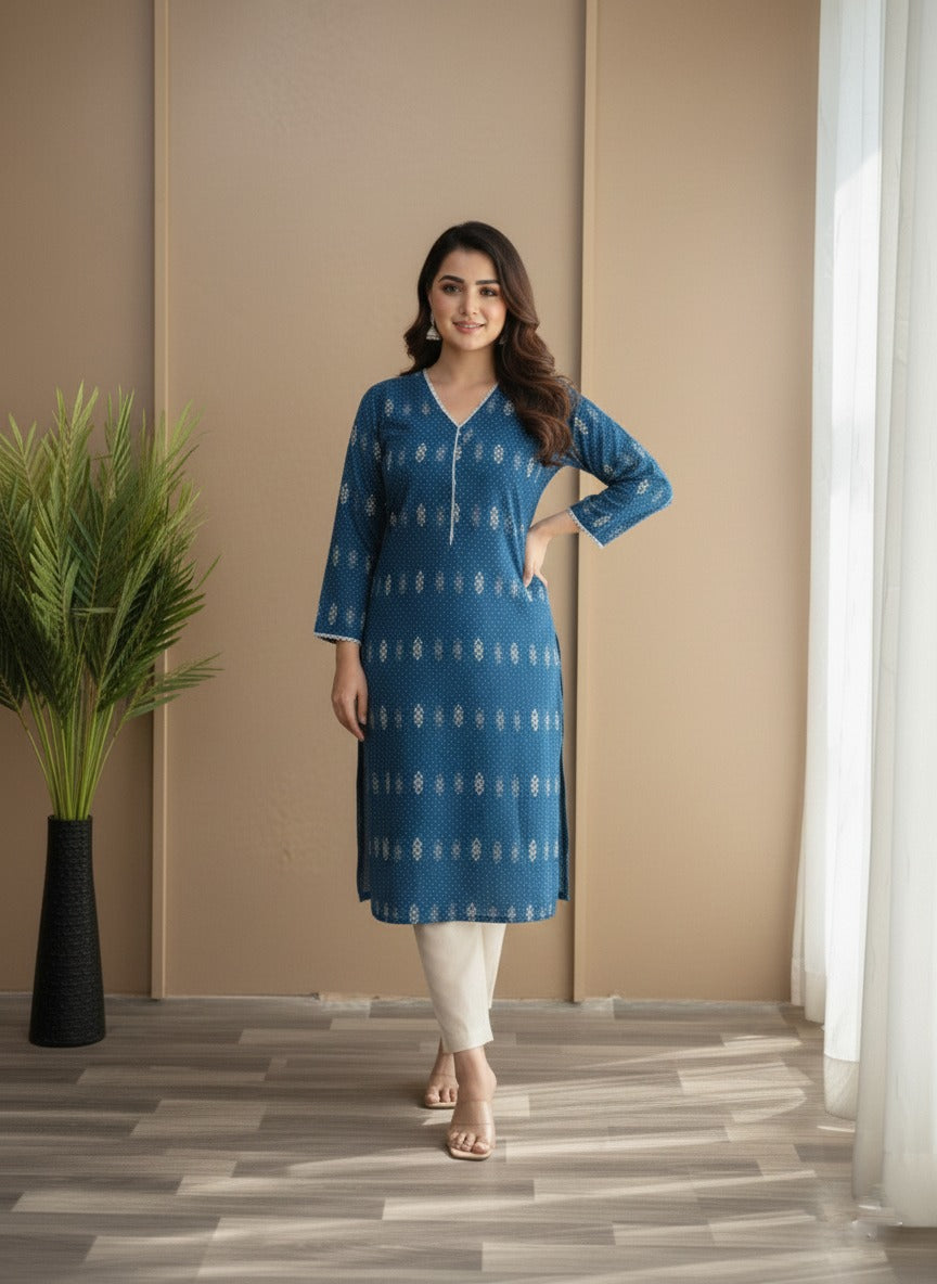 blue printed kurta with white trousers ( 2pcs )