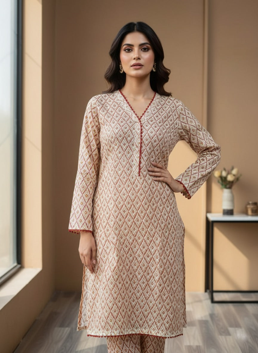 beige or cream kurta with trouser set ( 2pcs )