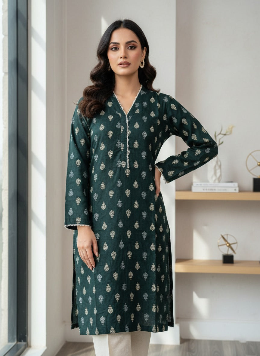 Dark green printed kurta with white trouser ( 2pcs )