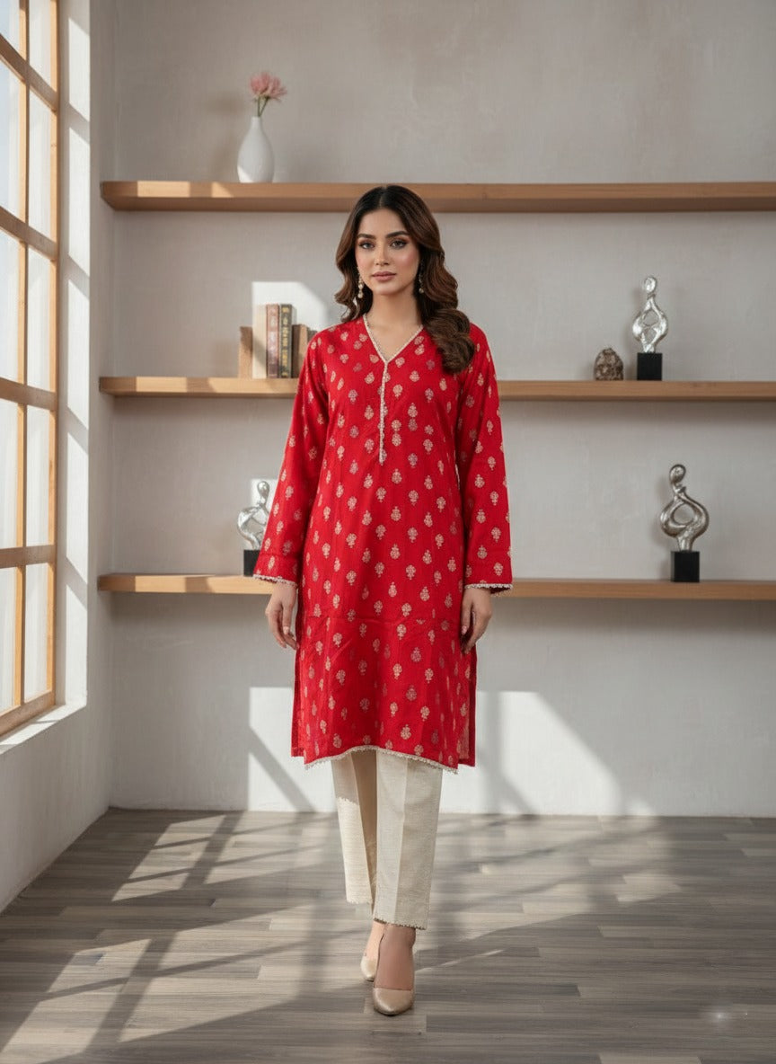 Ready-to-Wear Red Gold-Printed Kurta Set ( 2pcs )