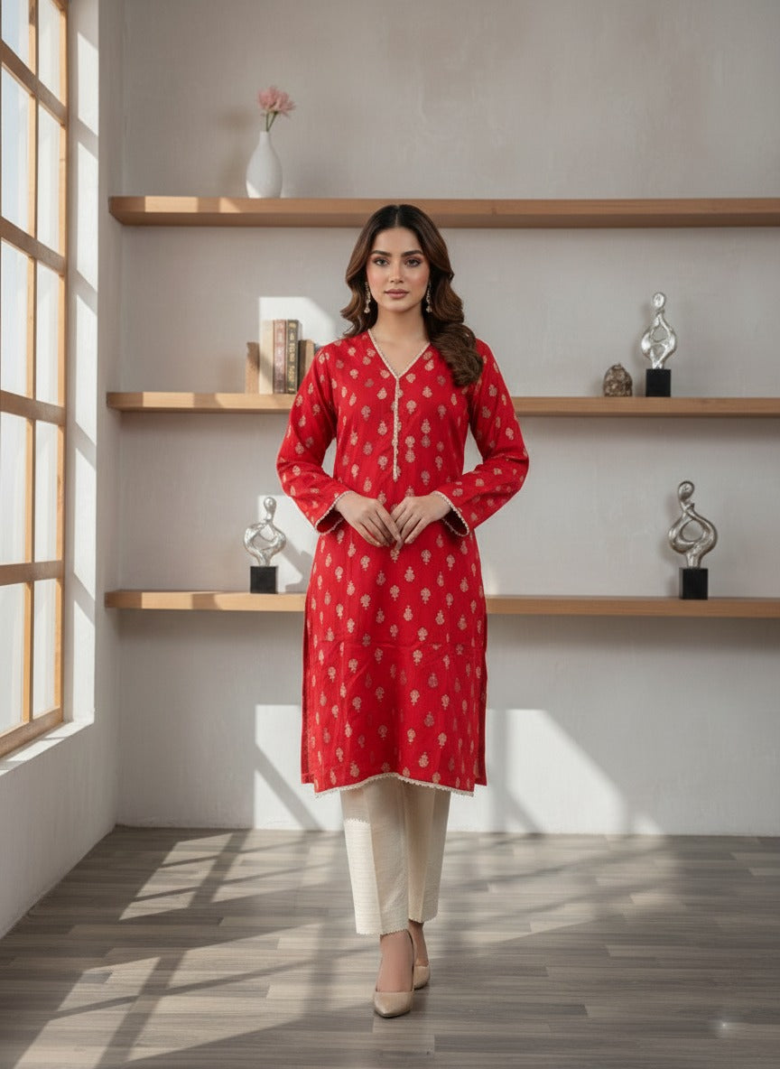 Ready-to-Wear Red Gold-Printed Kurta Set ( 2pcs )