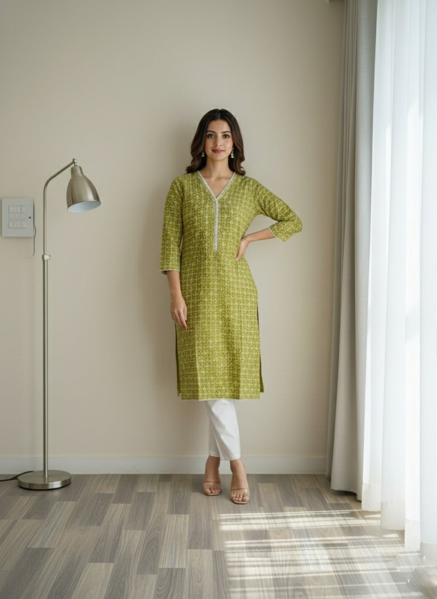Pure Cambric Mehndi green kurta & trouser set ( 2pcs )