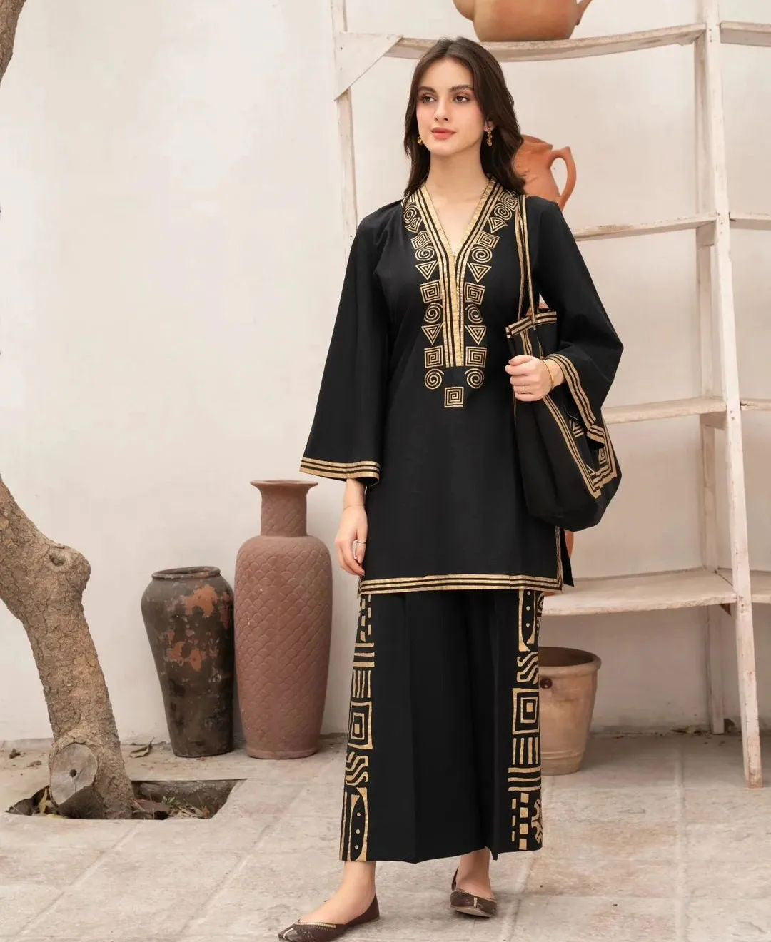 🌸 Printed 3PCs Linen Suit – Shirt, Plazoo & Handbag | StyleOn Collection