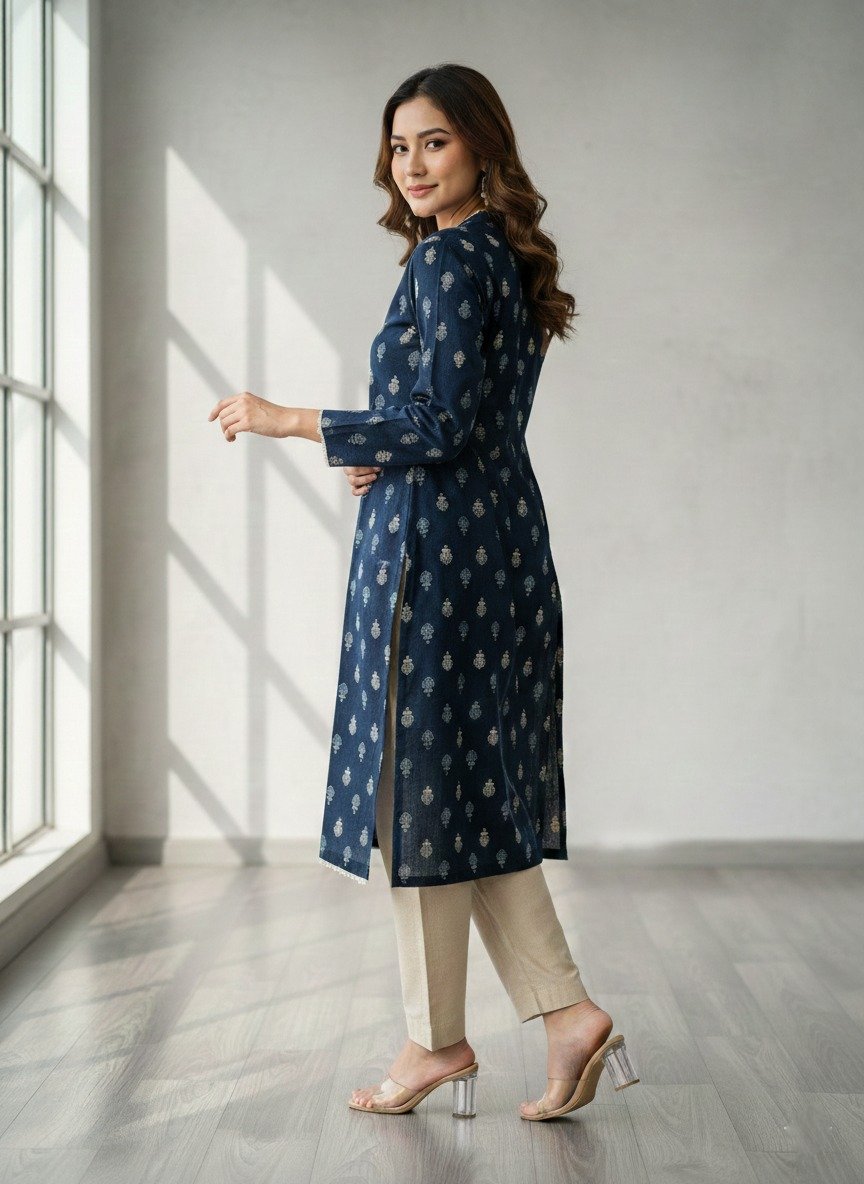 Ready-to-Wear Navy Blue Printed Cambric Kurta with Trousers ( 2pcs )