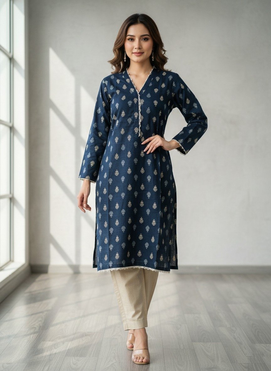 Ready-to-Wear Navy Blue Printed Cambric Kurta with Trousers ( 2pcs )
