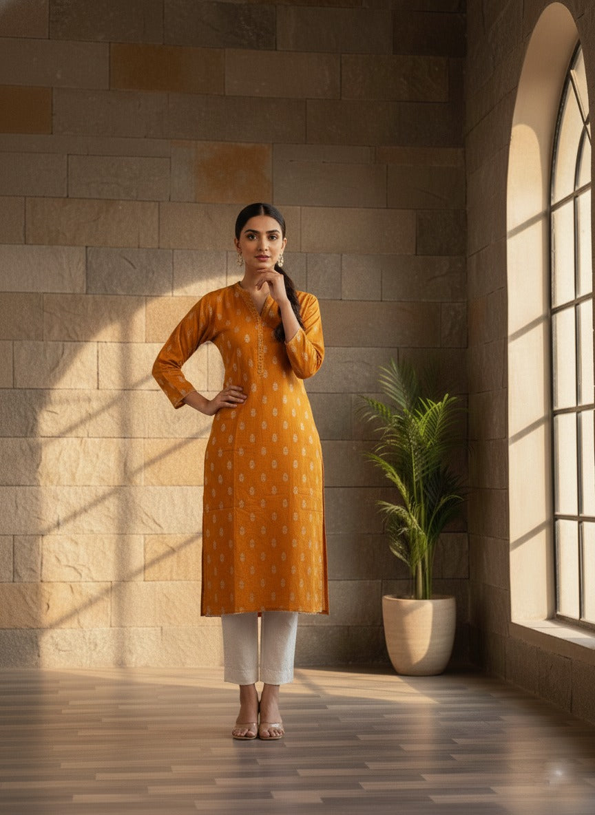 Mustard printed kurta paired with white trousers