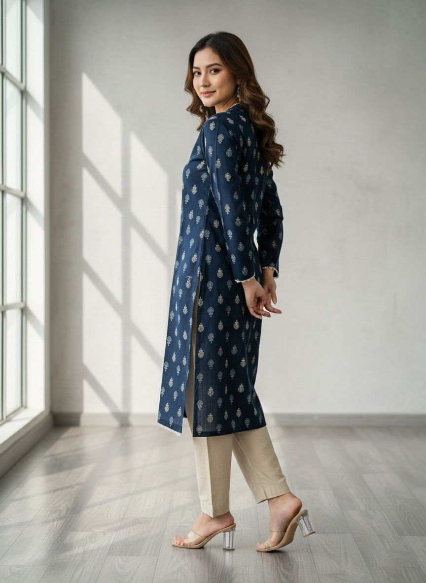 Ready-to-Wear Navy Blue Printed Cambric Kurta with Trousers ( 2pcs )