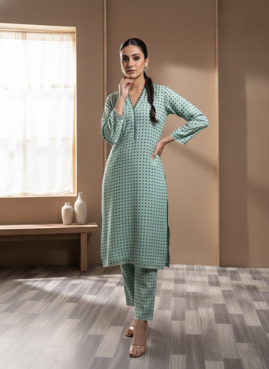 light mint green kurta and trouser set ( 2pcs )