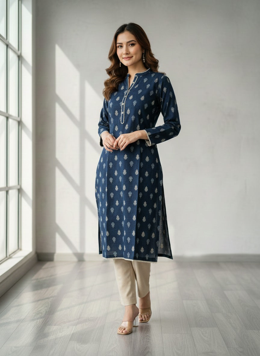 Ready-to-Wear Navy Blue Printed Cambric Kurta with Trousers ( 2pcs )