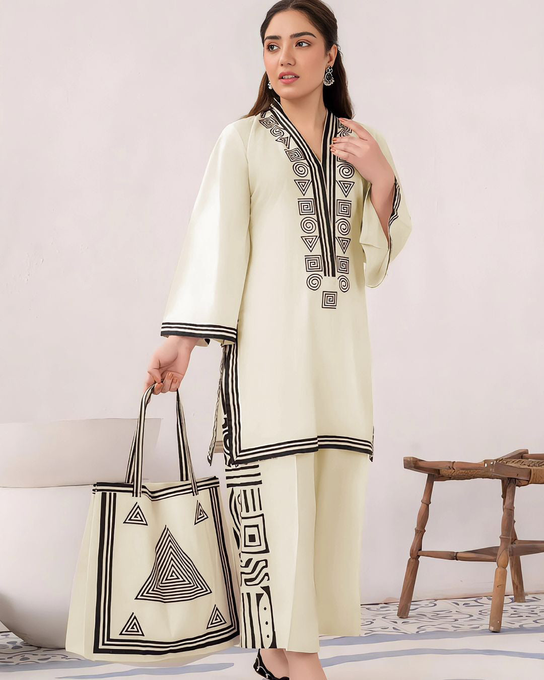 🌸 Printed 3PCs Linen Suit – Shirt, Plazoo & Handbag | StyleOn Collection