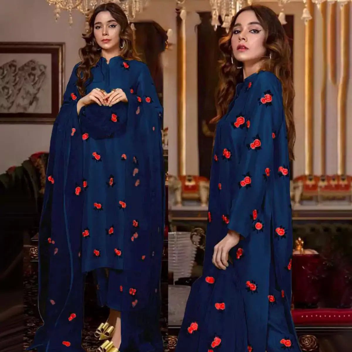 Rose Embroidery Shirt and Trouser with Dupatta 3 PCs Stitched