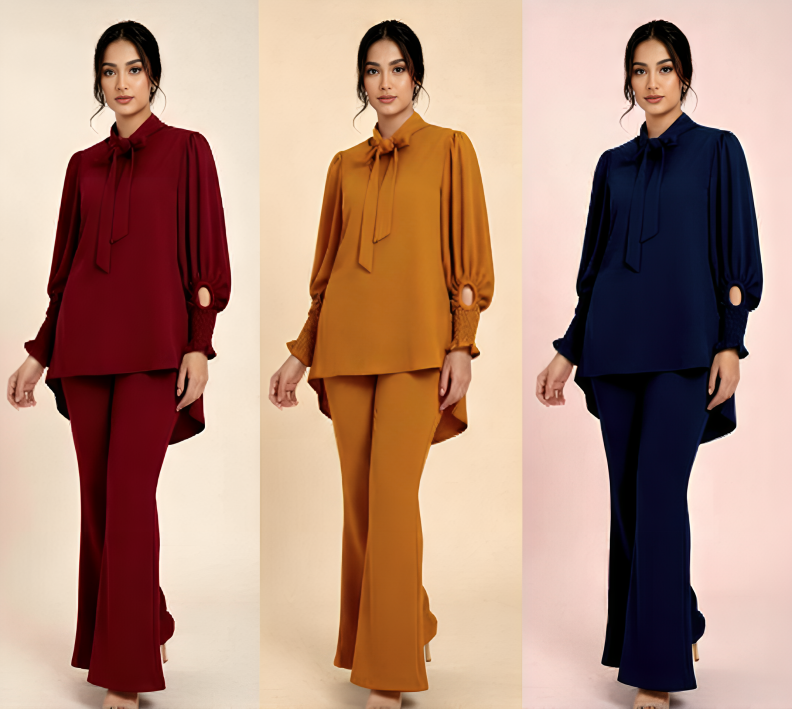 Linen Stitched 2-piece Suit for Women With Neck Belt